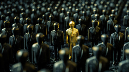 Fototapeta premium personnage doré qui se démarque dans la foule des candidats sombre et similaire