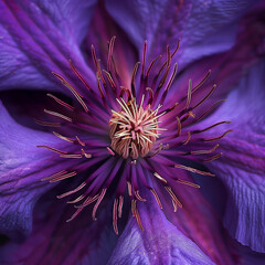 Obraz premium Macro shot of purple Clematis flower from above, beautiful close up flower petals