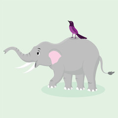 elephant and bird vector on green background