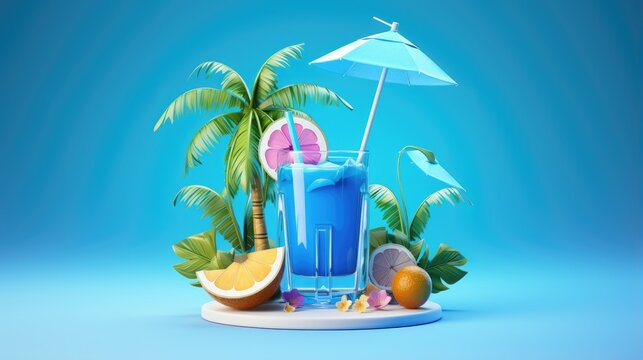 3d illustration of a blue cocktail with a straw, slices of orange and grapefruit, and a blue umbrella.