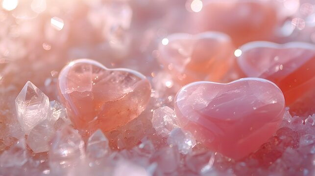 An image capturing the delicate beauty of rose quartz heart stones, bathed in a warm, diffused light.