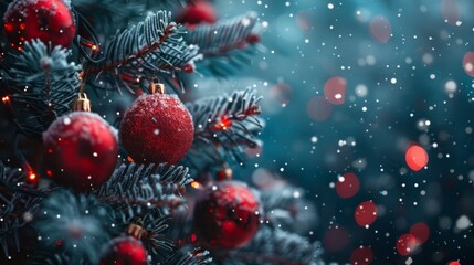 Christmas Tree with Red Ornaments and Snow Generative AI