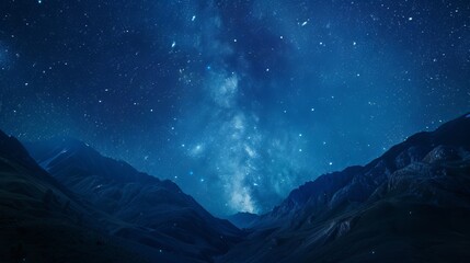 Fototapeta premium Nighttime galaxy scene with mountains and a deep blue starry sky, space filled with stars, creating a serene backdrop, raw style