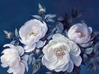 Big white flowers on a branch. 3D photo wallpapers. Background for the walls. The decoration for the wedding.