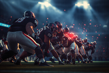 An intense American football game in progress, with players in action on the field