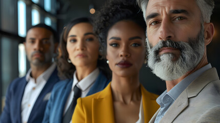Obraz premium A close-up of a diverse group of businesspeople in a modern office setting.
