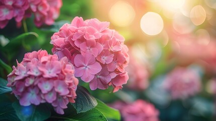 Fototapeta premium Beautiful pink hydrangea flowers in a garden, with a blurred background of greenery and sunlight. A lush hydrangea plant with large flowers on the right side of the frame.
