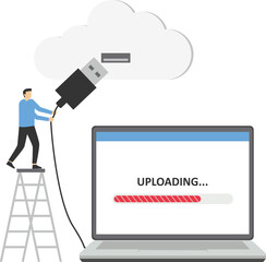 Connect to cloud computing, technology to share secured file and communicate with team while working remotely, upload and download files concept, businessman connect network line with cloud computing.