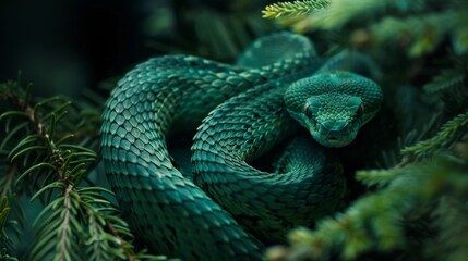 Fototapeta premium Emerald Green Snake Coiled on Pine Branch, Generative AI