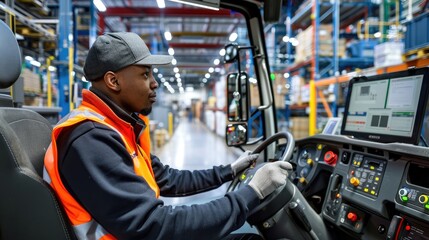 Fototapeta premium An employee is driving a truck to transport goods in the factory