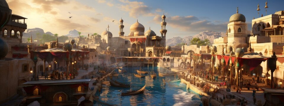 Beautiful Arabian Style Ancient City in Sand Desert with Clouds Birds in Sky Created with Generative AI Technology