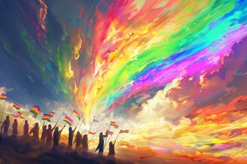 A group of people holding rainbow flags, looking at the sky with a huge colorful rainbow in it.