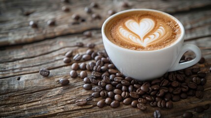 Cup of coffee with latte art surrounded by coffee beans on rustic wooden table