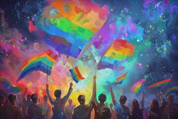 A group of people holding rainbow flags, looking at the sky with a huge colorful rainbow in it.