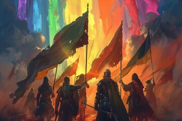 A group of people holding rainbow flags, looking at the sky with a huge colorful rainbow in it.