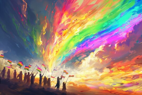 A group of people holding rainbow flags, looking at the sky with a huge colorful rainbow in it.