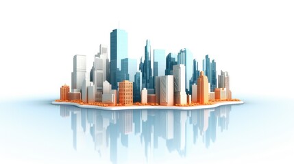 Obraz premium A 3D rendering of a city. The city is made up of tall buildings, and it is surrounded by water. The water is reflecting the buildings.