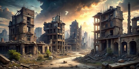 Ruins of destroyed buildings in a post-apocalyptic wasteland, ruins, destroyed, buildings, wreckage, devastation, abandoned