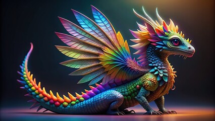 Whimsical rainbow spine creature with colorful scales and wings, creature, whimsical, rainbow, spine, scales, wings