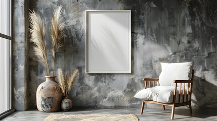 An empty rectangle frame mockup in white, placed on the wall of modern living room with concrete walls and a chair beside it, pampas grass inside vases next to them.