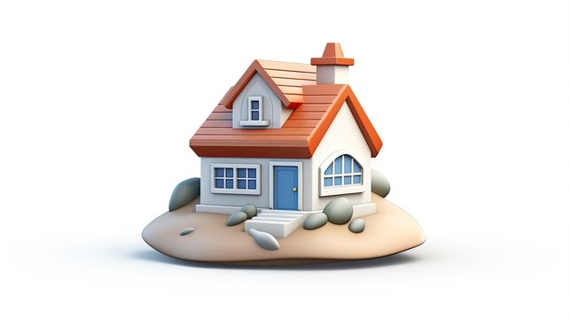 recommend clip art: A small cartoon house with an orange roof sits on a sandy patch of land. The house has a blue door and two windows. There is a chimney on the roof.