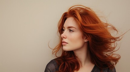 Sensual image of a redhead with hair in mid-motion, glancing back over her shoulder against a neutral backdrop