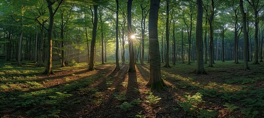 Naklejka premium Sunbeams Through the Trees in a Dense Forest