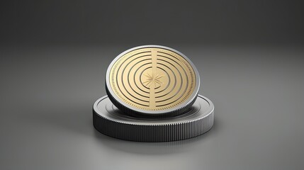 3D rendering of a gold coin with a geometric pattern on a silver podium against a dark background.
