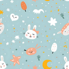 seamless pattern with rabbits and flowers