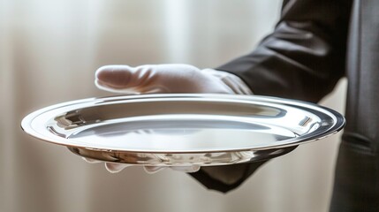 Waiter tray butler hand serve hold plate isolated white man silver empty glove servant. Butler waiter service tray dinner restaurant concept luxury hotel food platter elegant person background job