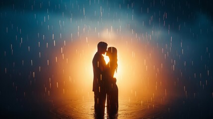 A couple shares an intimate embrace in the rain, backlit by warm light, creating a romantic and cinematic atmosphere.