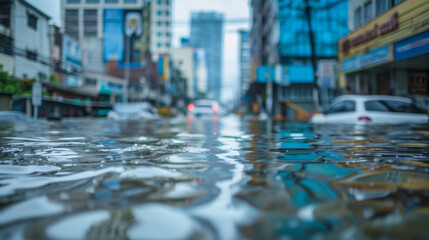 Urban street flooded with water after heavy rain, reflecting city buildings and creating a dramatic, surreal scene