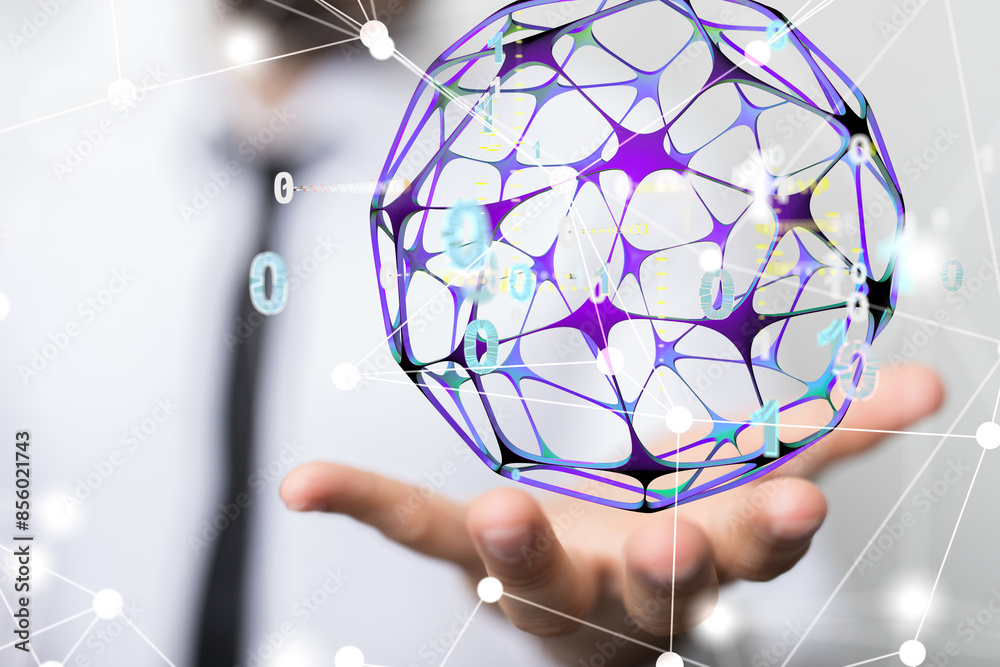 Poster Global network. Blockchain. 3D illustration. Neural networks and artificial intelligence. Abstract  3d