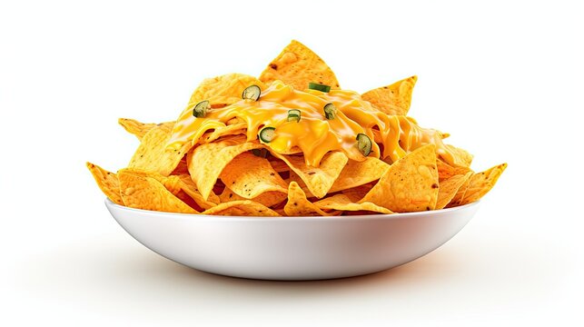 A bowl of delicious nachos with melted cheese and jalapenos. The perfect snack for any occasion.