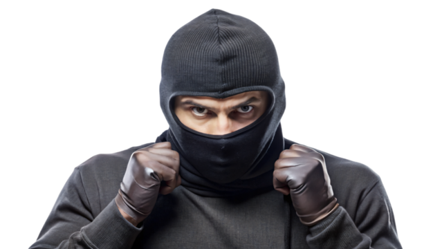 Man in mask, a robber , threat during a crime