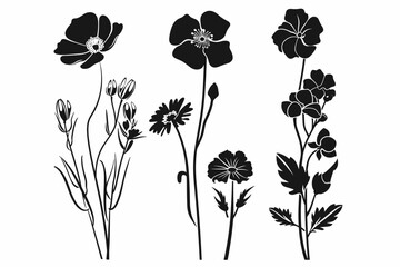 Set of Stylized Floral Silhouettes Black Flower and Plant Outlines on White Background, Perfect for Minimalist Designs and Artistic Projects