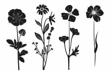 Set of Stylized Floral Silhouettes Black Flower and Plant Outlines on White Background, Perfect for Minimalist Designs and Artistic Projects