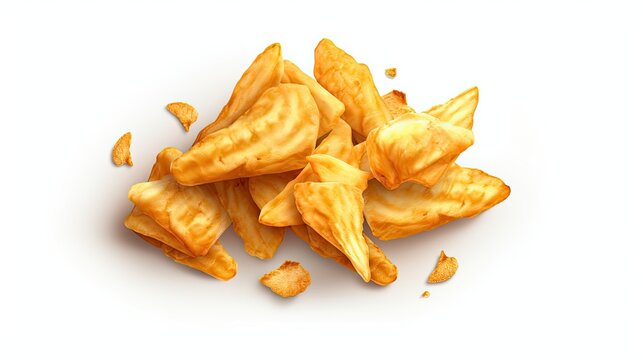 A pile of crispy, golden brown potato chips. The chips are arranged in a haphazard way, with some chips overlapping others.