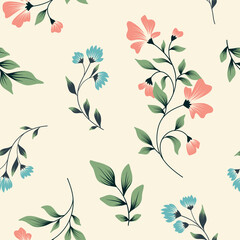 Seamless floral pattern, decorative art flower print, abstract ornament in vintage folk motif. Romantic botanical design: small hand drawn flowers, branches, leaves on white field. Vector illustration