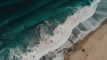 Beach surf line, view from above. Aerial top view on sea beach.