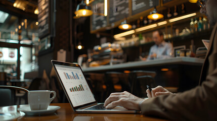 A detailed photograph of a businessman analyzing data on a laptop in a coffee shop.



