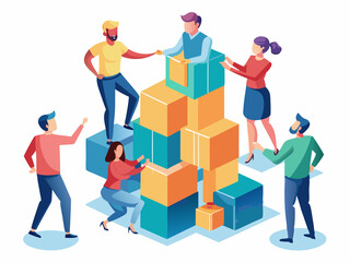 Team members building a tower out of blocks
