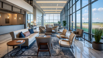 A high-resolution photograph of a modern business lounge with sleek furniture and panoramic windows.


