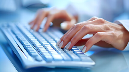 A macro photograph of a businesswoman's hands typing on a wireless keyboard.


