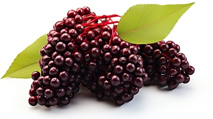 A close-up image of a bunch of ripe black elderberries with green leaves on a white background.