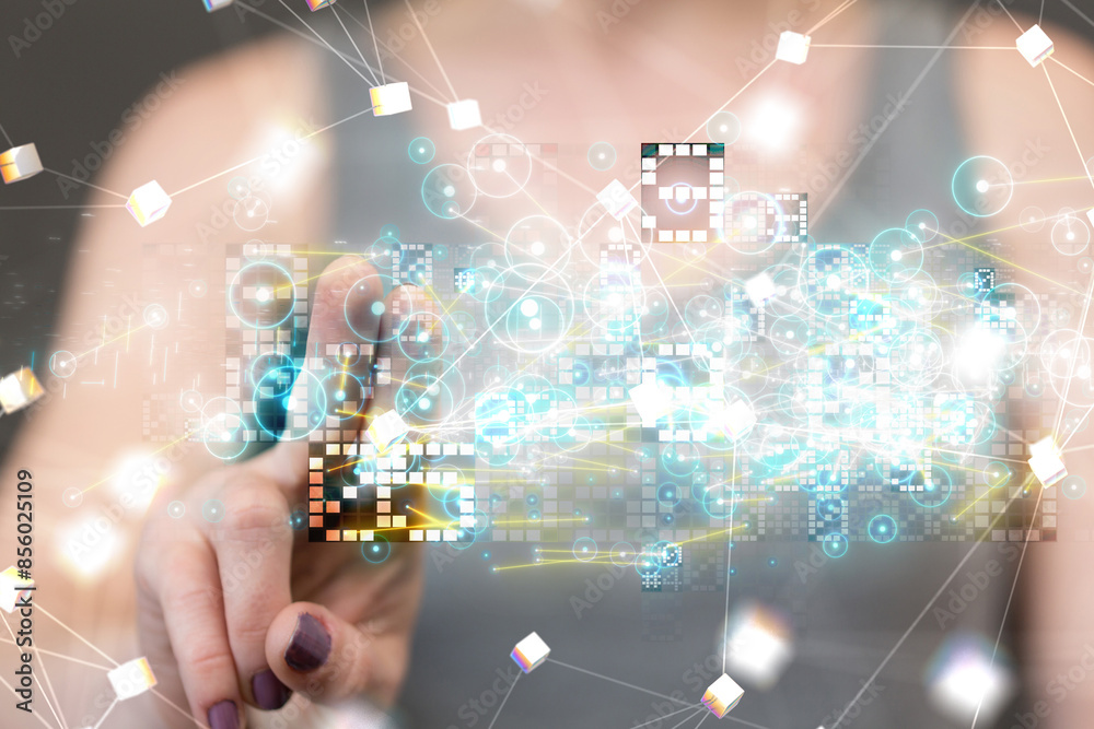 Poster Neural network 3D illustration. Big data and cybersecurity