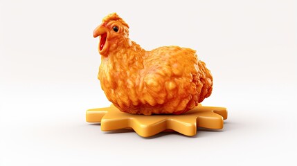 3d illustration of a fried chicken sitting on a yellow plastic gear. The chicken is looking at the camera with its mouth open.