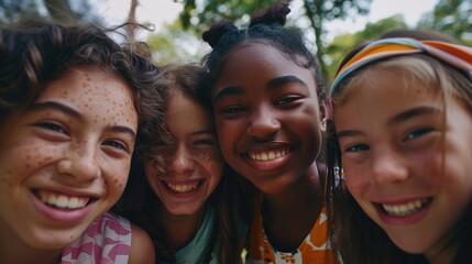 Fototapeta premium Close Up of Diversity Pre-Teen Friends Smiling in Park - Girl Boy Children Friend Togtherness in Outdoors Bonding Childhood Happy Enjoy Fun Portrait People Person 