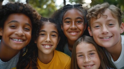 Fototapeta premium Close Up of Diversity Pre-Teen Friends Smiling in Park - Girl Boy Children Friend Togtherness in Outdoors Bonding Childhood Happy Enjoy Fun Portrait People Person 