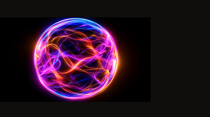 A glowing, colorful sphere with purple, orange, and blue lines radiating from it. The image has a futuristic, otherworldly feel to it